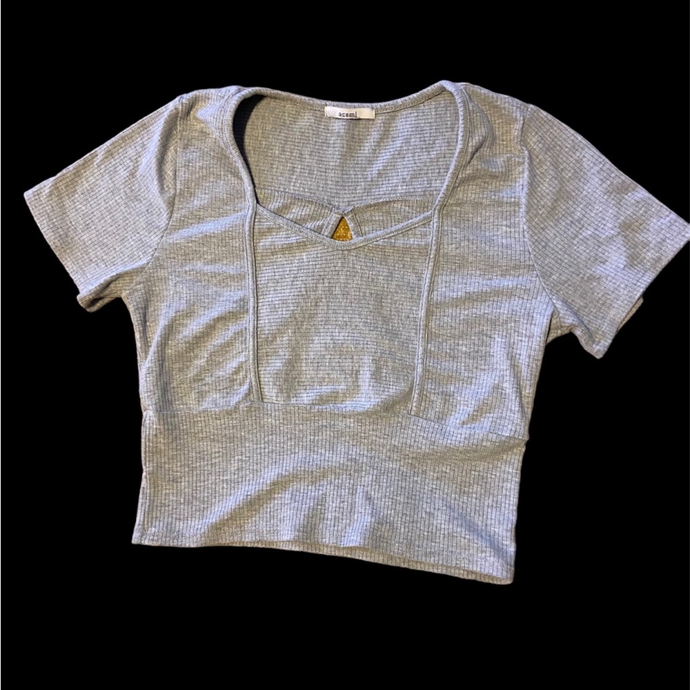 Grey Ribbed Short Sleeve Crop Top